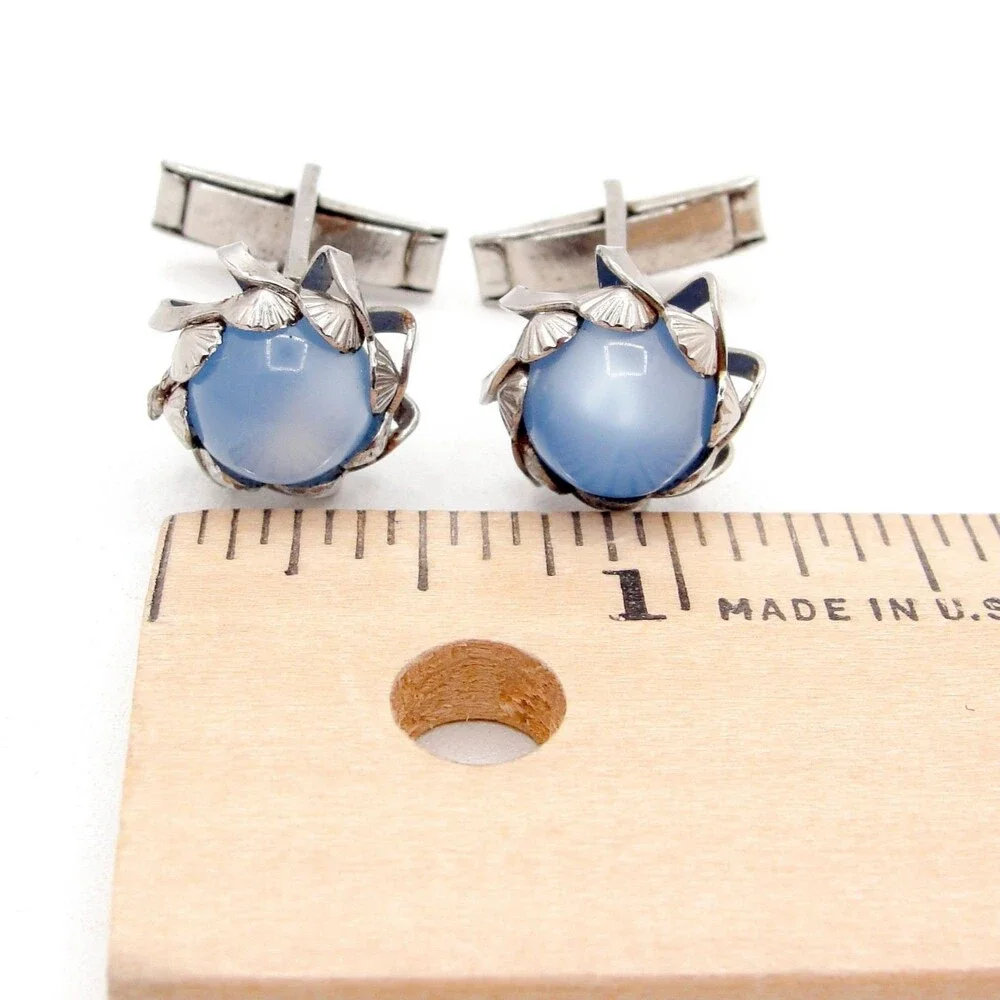 Vintage Silver Blue Moonglow Cabochon Glass Ginkgo Biloba Leaf Cufflinks MCM